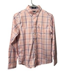 IZOD Long Sleeve Button‎ Down Shirt Pink Blue Plaid Stretch Preppy Boys L 14-16